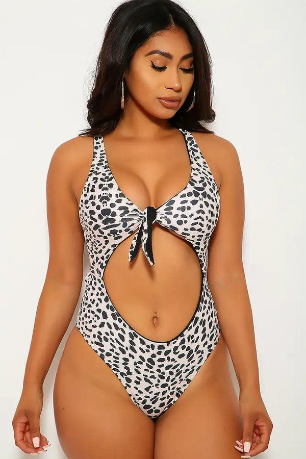 Beige Leopard Print Cut Out One Piece Swimsuit