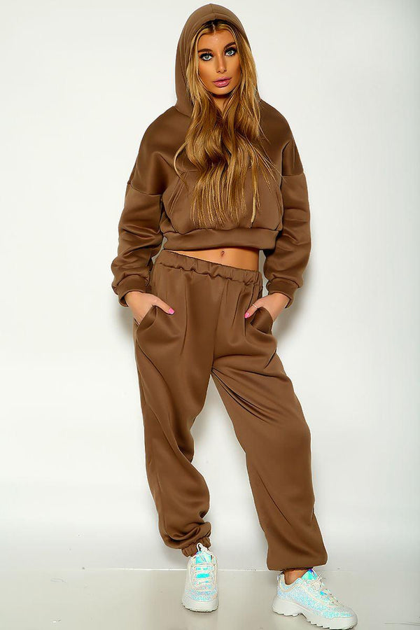 Beige Long Sleeve Cropped Cozy Two Piece Lounge Wear Two Piece Outfit