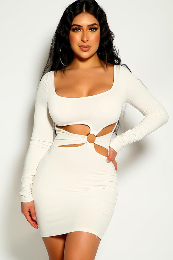 Beige Long Sleeve O-Ring Party Sexy Dress