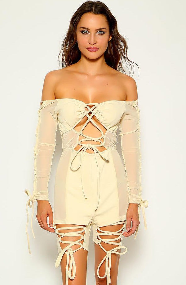 Beige Off Shoulder Strappy Long Sleeves Romper