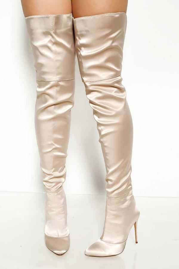 Beige Satin Pointy Toe Zip Up Thigh High Stiletto Boots