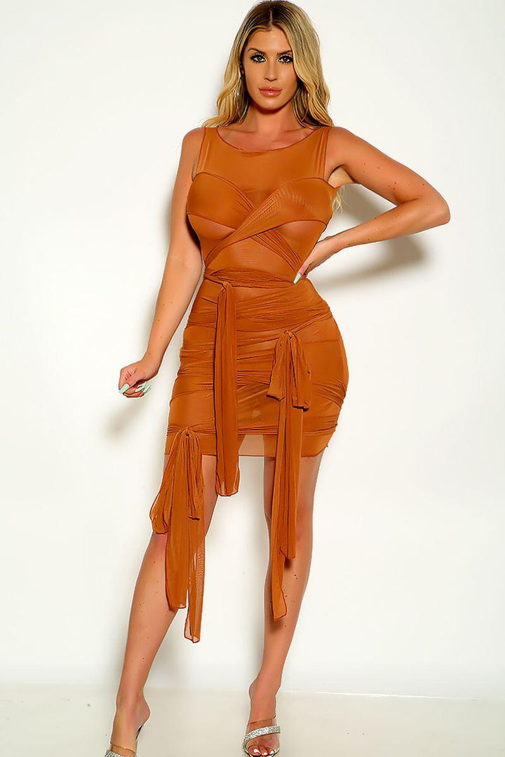 Beige Sleeveless Mesh Strappy Wrap around Detail Party Dress