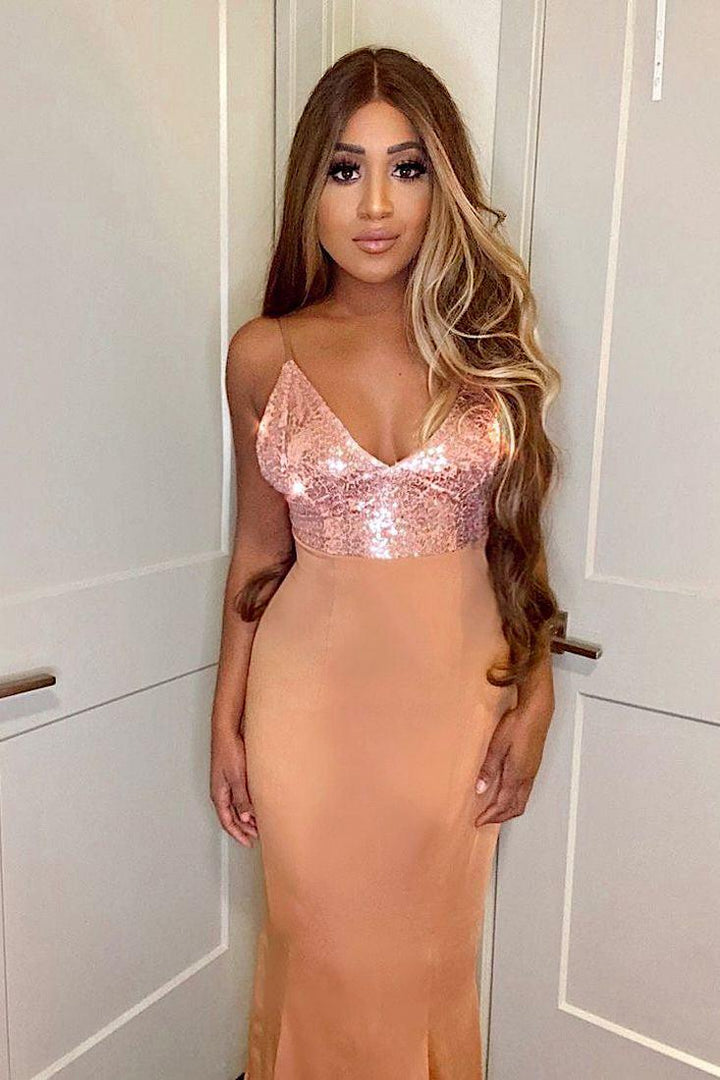 Beige Sleeveless Sequins Maxi Dress