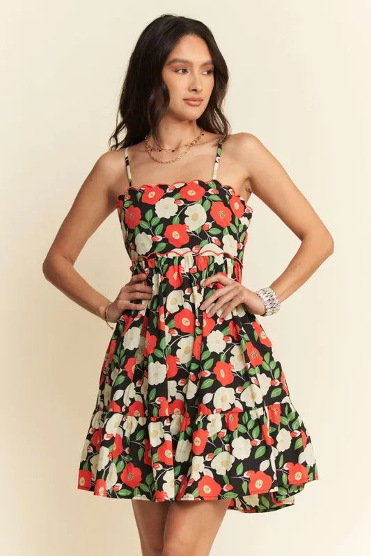 Davi & Dani Floral Scalloped Cutout Back Mini Dress