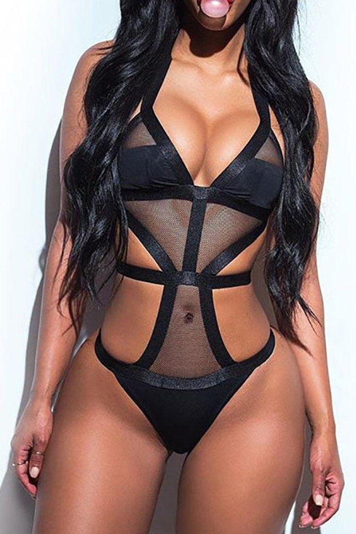 Black Bandage Strappy Mesh Sexy Teddy Lingerie Bodysuit