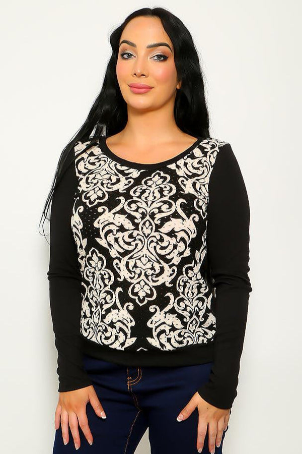Black Beige Round Neckline Long Sleeve Sweater