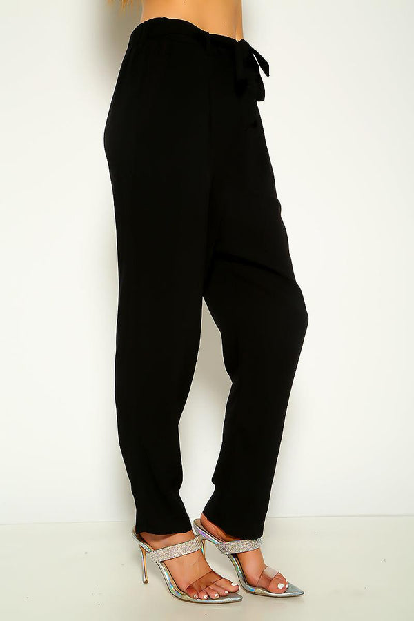 Black Belted Elastic Waist Casual Pants