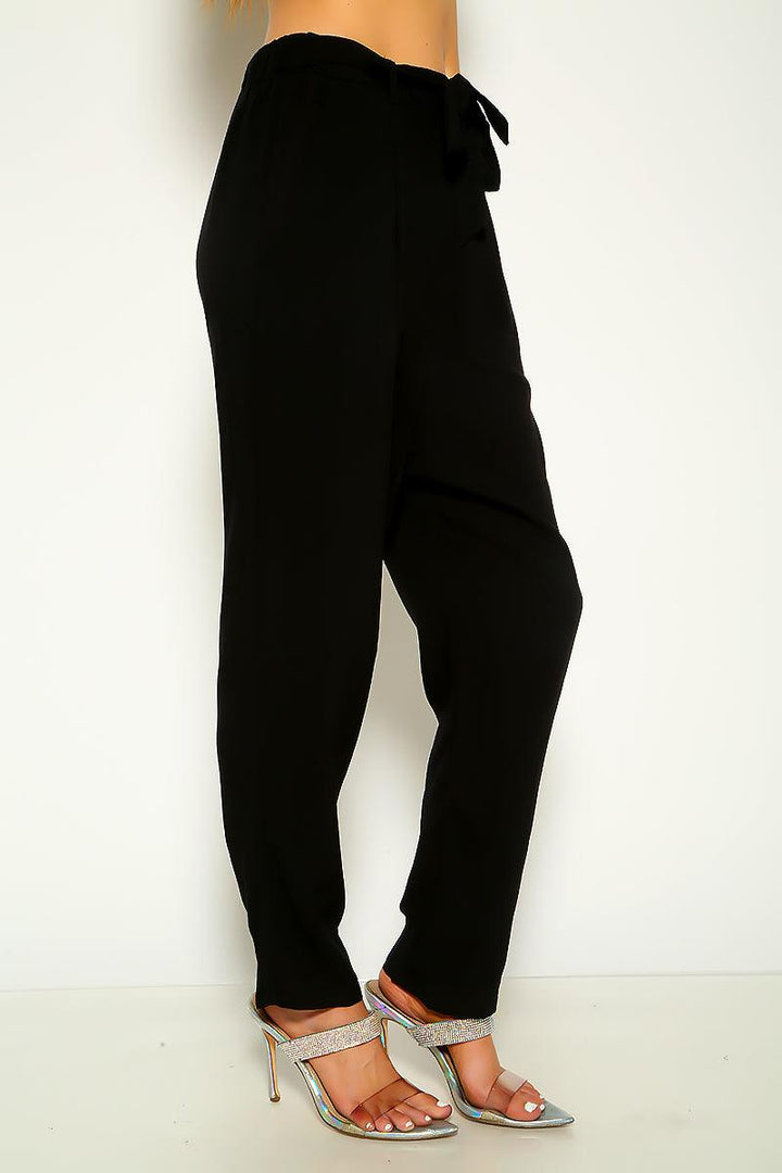 Black Belted Elastic Waist Casual Pants