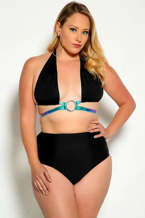 Black Blue Purple Halter O-Ring Strappy Plus Size Two Piece Swimsuit