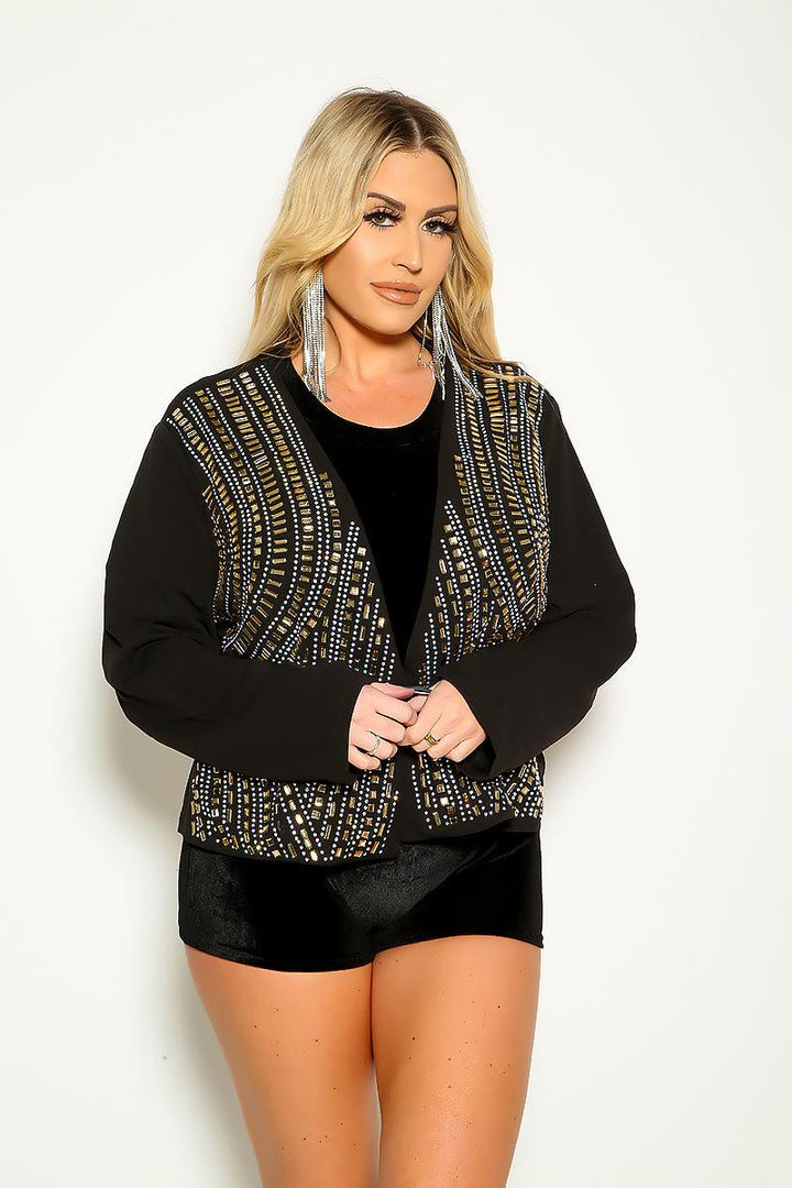 Black Charmed Rhinestone Long Sleeve Blazer Jacket