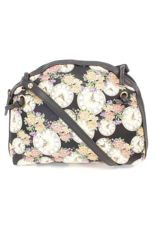 Black Clock Print Mini Faux Leather Handbag