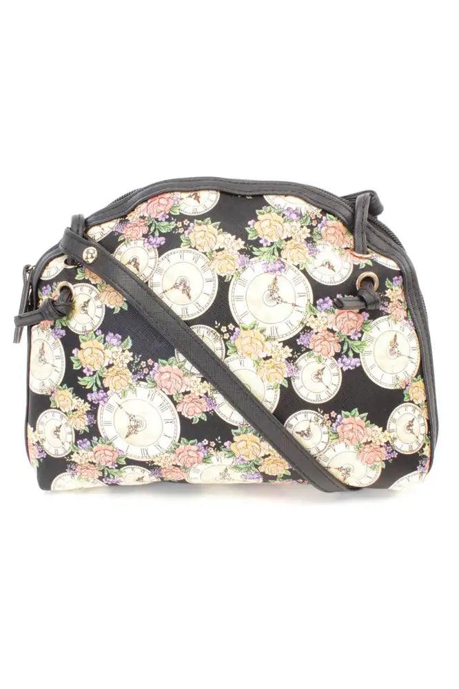 Black Clock Print Mini Faux Leather Handbag