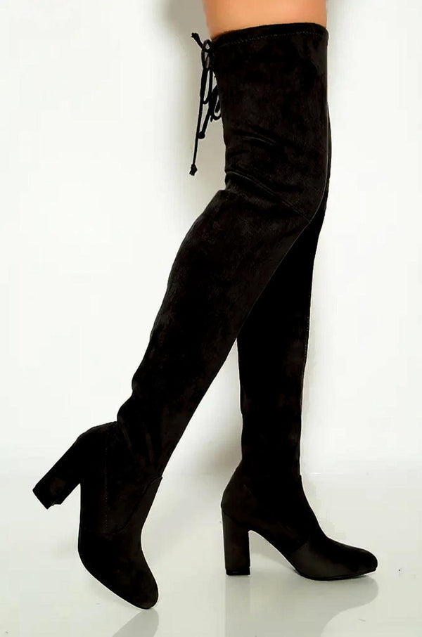 Black Drawstring Over Knee Chunky High Heel Boots