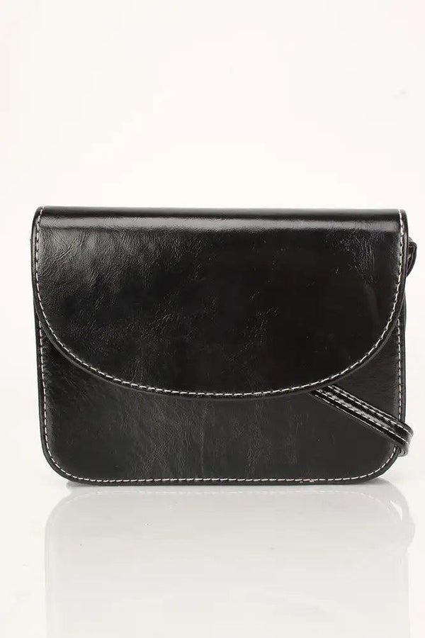 Black Faux Leather Button Clasp Stitching Handbag