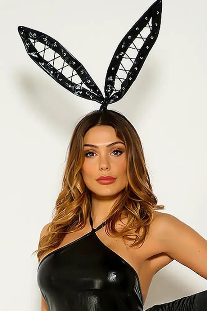 Black Faux Leather Laceup Bunny Ear Headband Costume Accessory