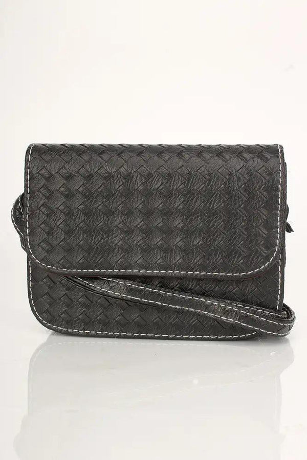 Black Faux Leather Woven Button Clasp Handbag