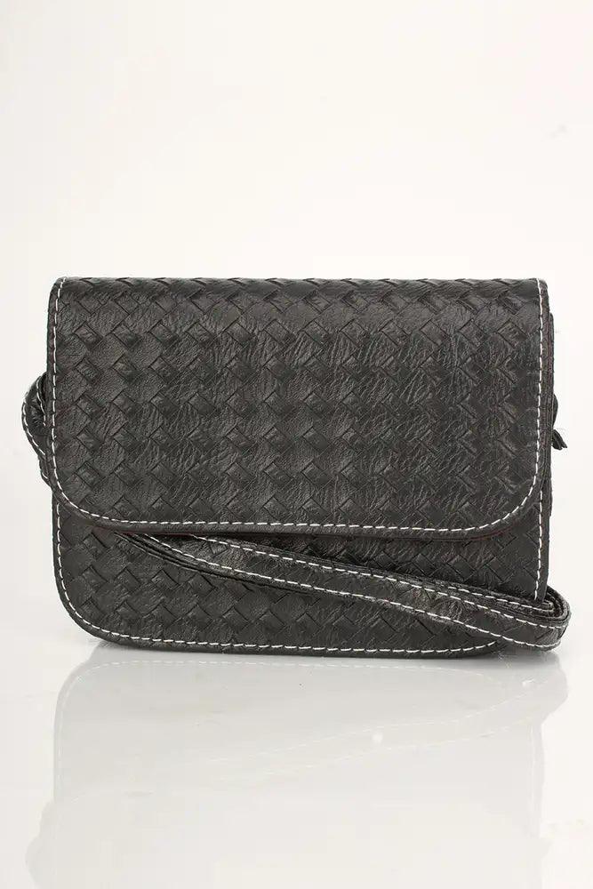 Black Faux Leather Woven Button Clasp Handbag