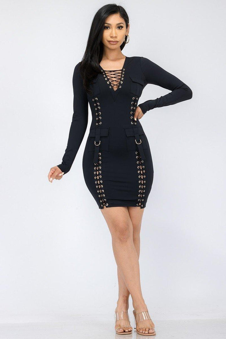 Black Flap Pocket Criss Cross Lace Up Dress