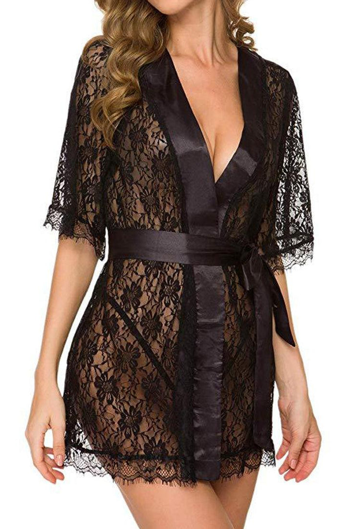 Black Floral Lace Mid Sleeve Lingerie Robe 3 Pc Set
