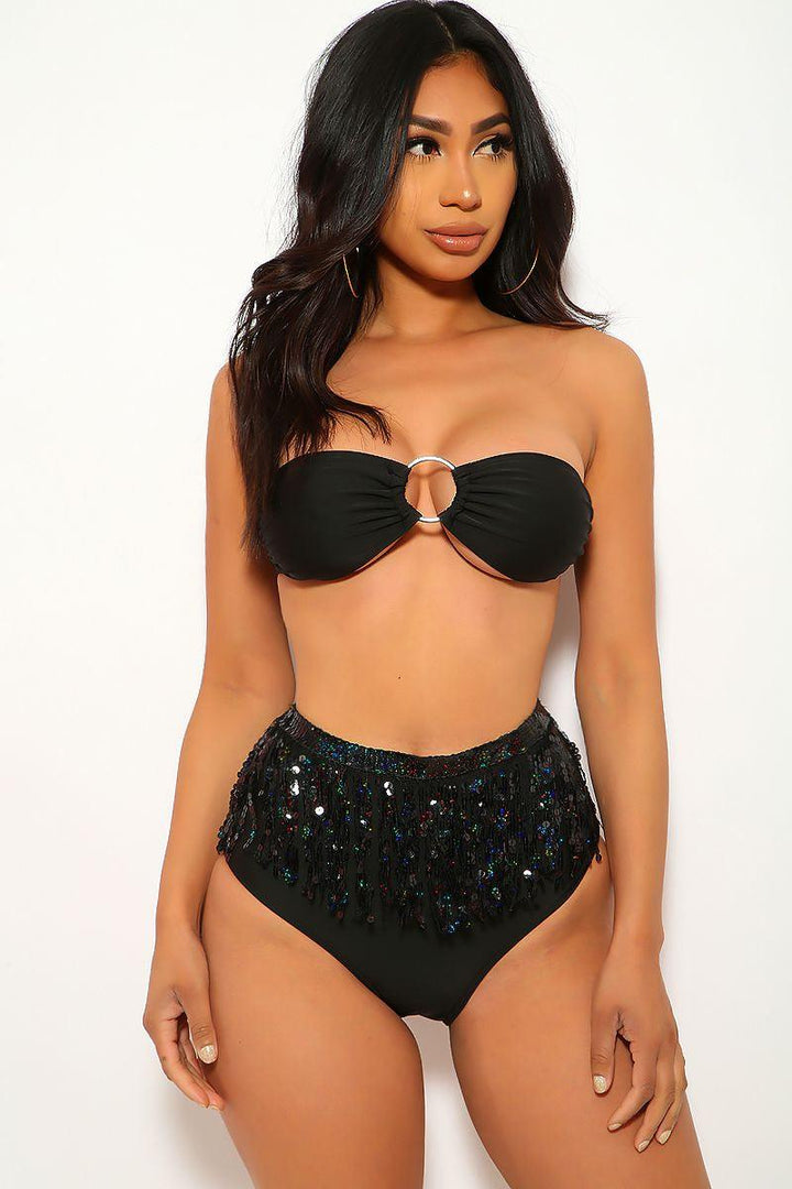 Black Fringe Sequins Bandeau Two Piece Swimsuit