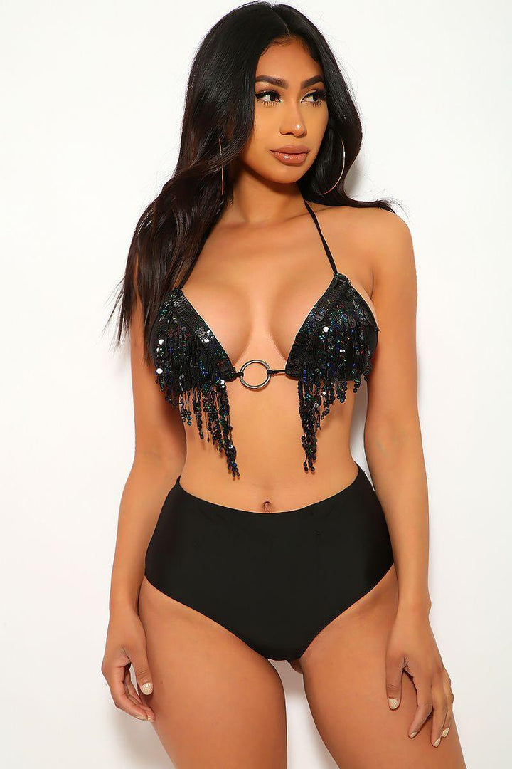 Black Fringe Sequins Two Piece Swimsuit