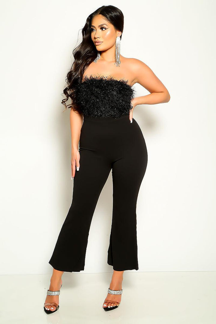 Black Fuzzy Trim Off Shoulder Sexy Jumpsuit