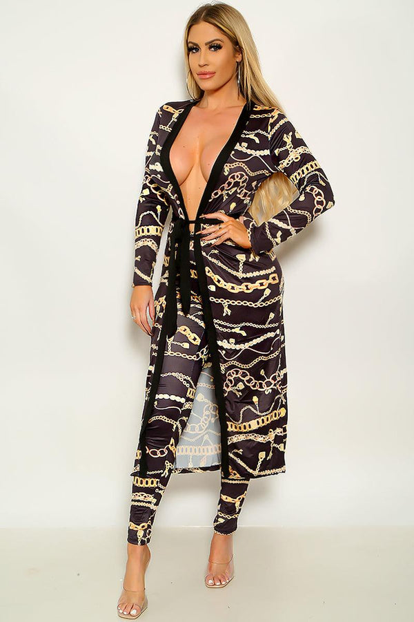 Black Gold Graphic Design Long Sleeve Kimono & Legging 2 Pc Set
