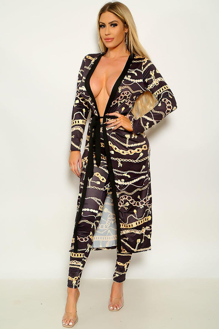 Black Gold Graphic Design Long Sleeve Kimono & Legging 2 Pc Set