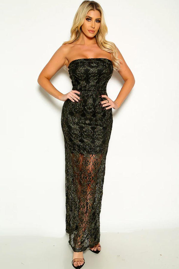 Black Gold Lace Sexy Strapless Mesh Party Dress