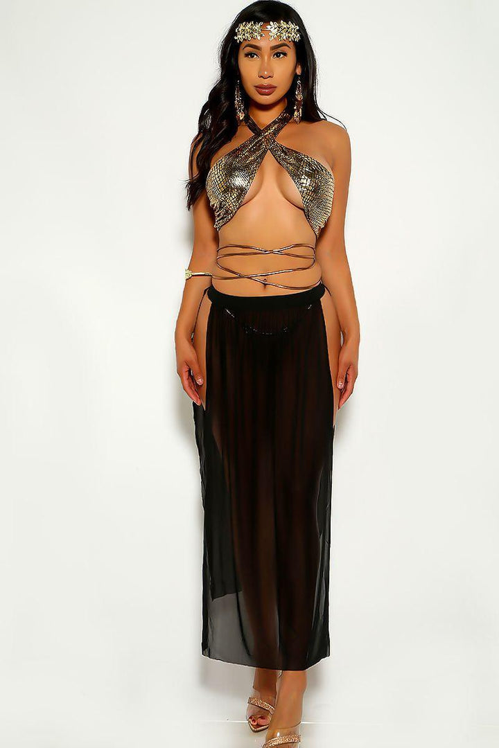 Black Golden Bronze Strappy Snake Cleopatra Goddess 3 Piece Costume