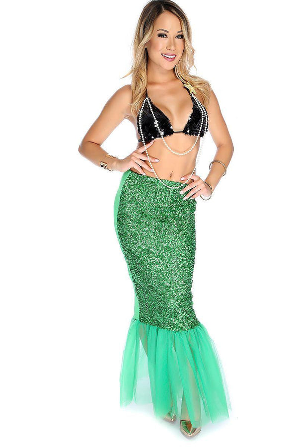 Black Green Sequin Faux Pearl Two Piece Mermaid Sexy Costume
