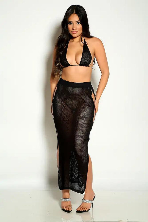 Black Halter Knitted Two Piece Dress