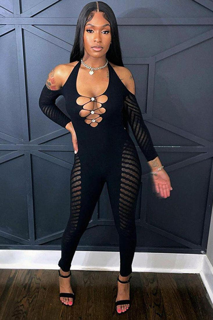 Black Halter Netted Cut Out Heart Rhinestone Jumpsuit Catsuit