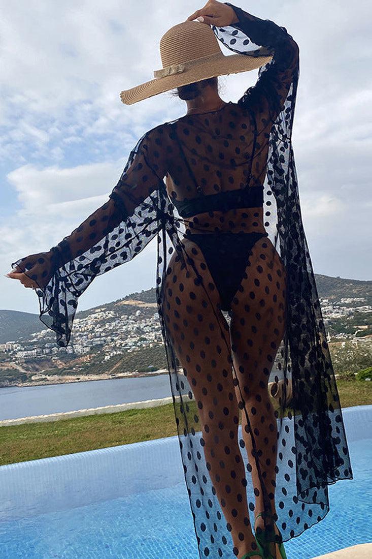 Black Halter Ring High Cut Dot Mesh Cover Up Three Piece Swimsuit Set