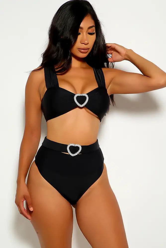 Black Heart Rhinestone Two Piece Swimsuit
