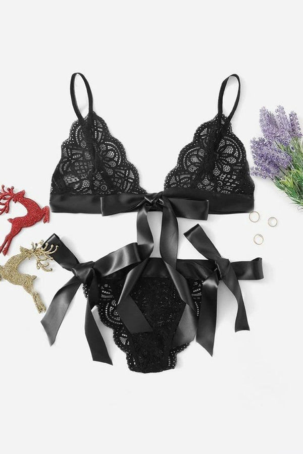 Black Lace Ribbon Bow 2Pc Lingerie Set