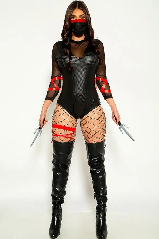 Black Long Sleeve Faux Leather Mesh Ninja 3 Piece Costume
