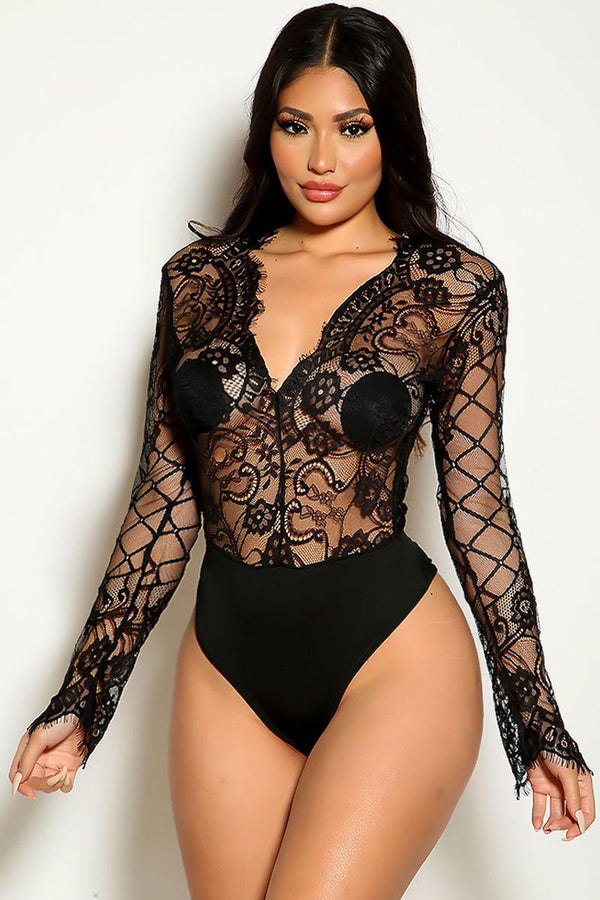 Black Long Sleeve Lace Sexy Teddy Lingerie