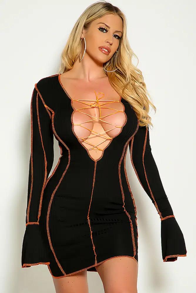 Black Long Sleeve Lace Up Stitched Detail Sexy Party Dress