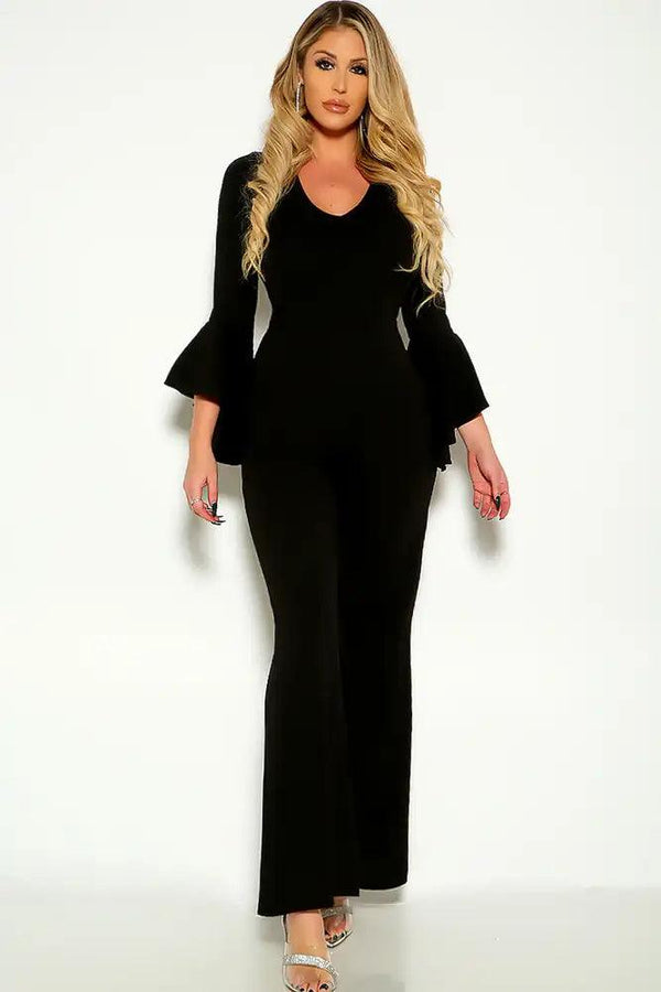 Black Long Sleeve Ruffled Sleeve Dressy Jumpsuit