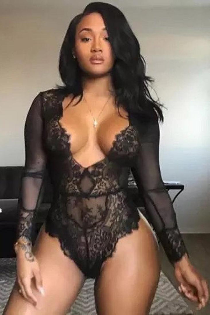 Black Mesh Eyelash Lace Teddy Lingerie