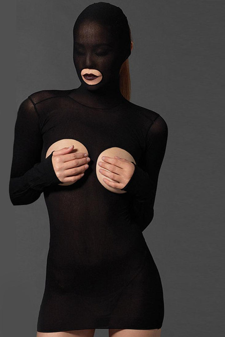 Black Mesh Sheer Open Mouth Chest Crotchless Mini Dress Lingerie