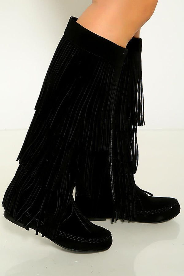 Black Moccasin Fringe Knee High Suede Flat Boots