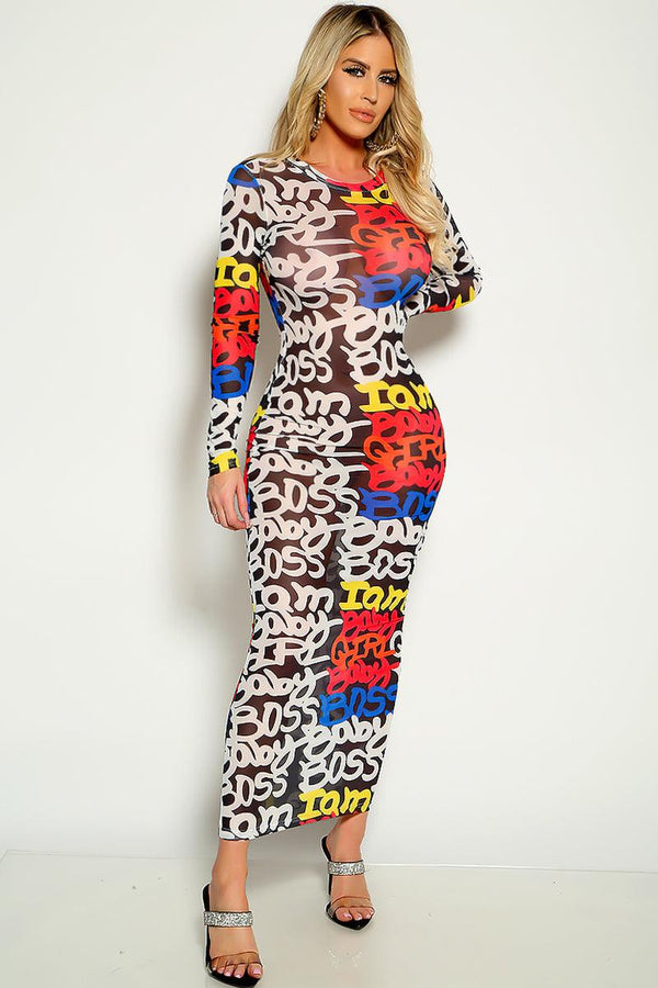 Black Multi Mesh Long Sleeve Maxi Dress