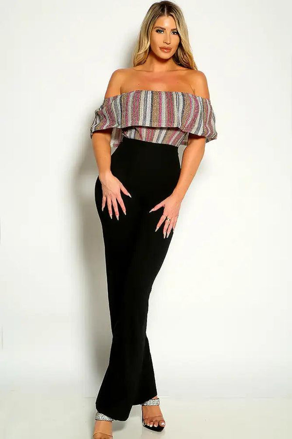 Black Multi Off The Shoulder Shimmer Detail Flared Jumpsuit
