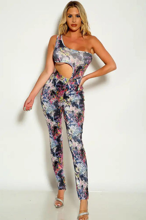 Black Multi One Shoulder Snake Print Two Piece Outfit