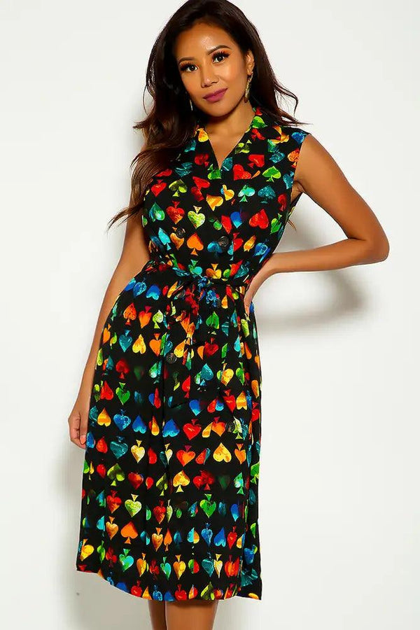 Black Multi Sleeveless Button Up Graphic Print Dress