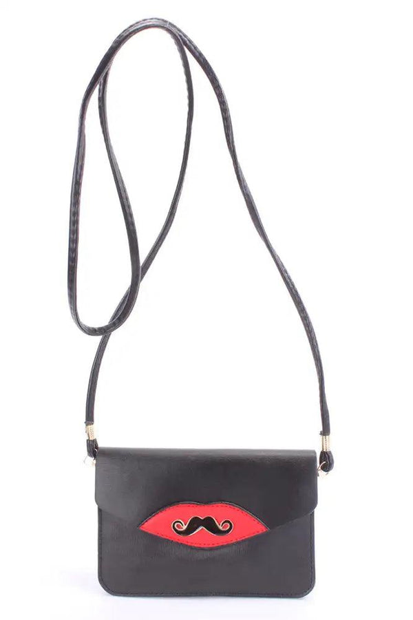 Black Mustache Pendant Faux Leather Clutch