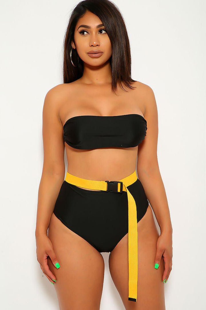 Black Mustard High Waist Three Piece Swimsuit Set