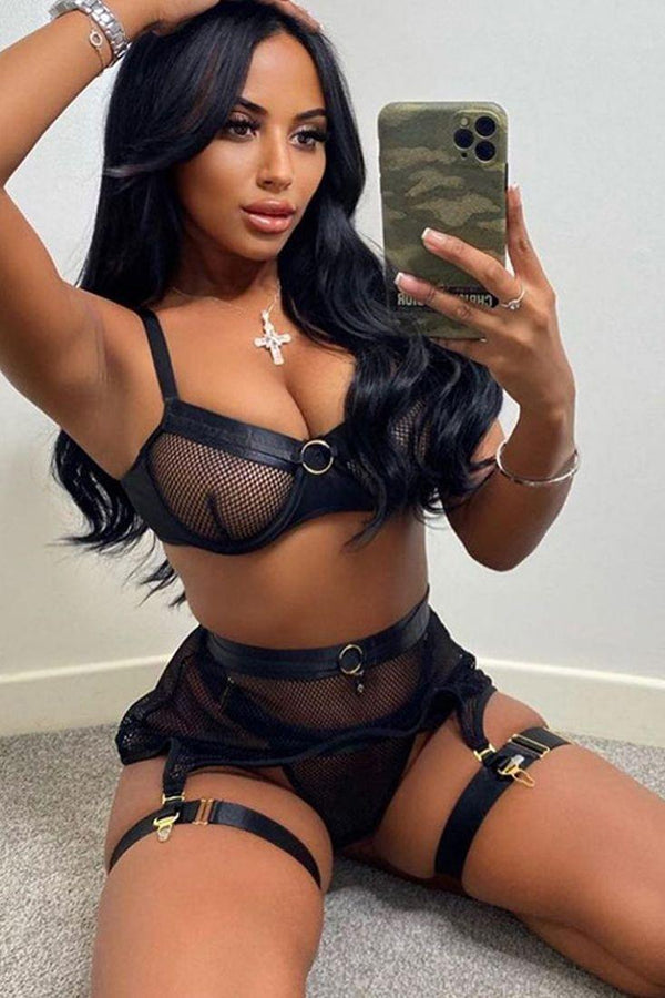 Black Netted Mesh Bra Garter Pantie Lingerie Set 0804